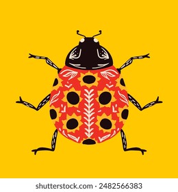 Red Sunflower Ladybug. Vector Illustration of The Insect. Natural Decor Animal. Floral Ornaments.