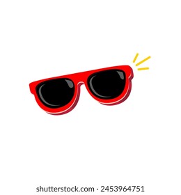 Red sunglasses with black lens isolated on white background. Cartoon funny womans red summer sunglasses icon, label and sign. Cool hipster Sunglasses vector graphic illustration