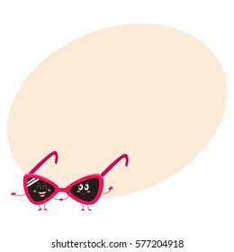 Red sunglasses funny character with hands and feet, cartoon vector illustration with place for text.