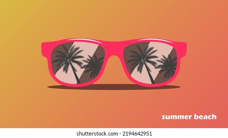 Red sunglasses on the beach with the reflection of palm trees in the lenses