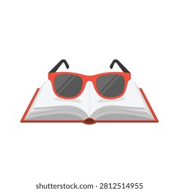 Red Sunglasses Resting on an Open Book Illustration Representing Summer Reading and Education Concept