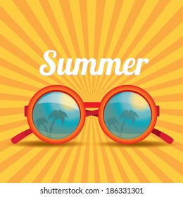 red sunglasses with tropical island reflection. vector summer background