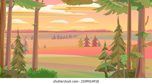 Red sunlight before sunrise. Rural landscape. Evening time in the forest. Morning rural countryside landscape with trees. Illustration in cartoon style flat design. Vector.