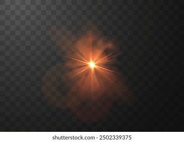 Rotes Sonnenlicht Blendung Effekt mit Halo unscharfen Strahlung Vektor realistische Illustration. Leuchtende Lichtstrahl-Fackel. Blendender Sonnenblitz, helle Strahlen, Sternenlicht einzeln auf transparentem Hintergrund