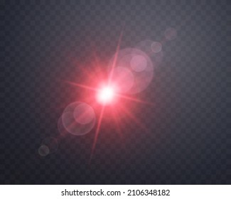 Red sunlight lens flare, sun flash with rays and spotlight. Glowing burst explosion on a transparent background.  
Vector illustration.