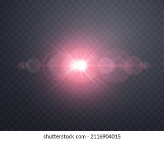 Red sunlight lens flare, sun flash with rays and spotlight. Glowing burst explosion on a transparent background.  
Vector illustration.