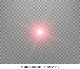 Red sunlight lens flare, sun flash with rays and spotlight. Glowing burst explosion on a transparent background.