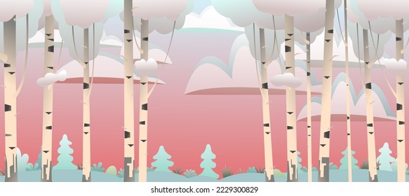 Red sunset among birches. Winter landscape forest and trees. Nature view. Cartoon fun style. Flat design. Vector.