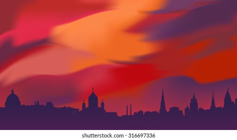 Red sunset. Illustration of silhouette of a beautiful city, with towers, churches and huge evening sky in the background. Empty space leaves room for design elements, sings or text. Panorama.Banner