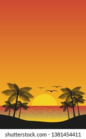 Red sunset on the beach, palm trees and clear sky. The background of  sea and ocean landscape, ripples on the water.