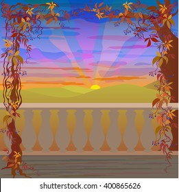Red sunset over green hills. Romantic autumn Tuscany  landscape with grapevine border frame and balcony. Rural  green fields and sunrise sky vector Illustration.