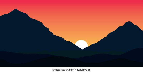 Red sunset over mountains 
vector nature illustration, landscape