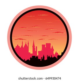Red sunset over old town with towers and fortress
vector abstract cityscape illustration