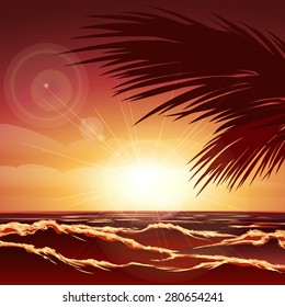 Red sunset over the sea. Waves, rays of light and palm trees.