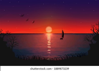 Red sunset at sea, sailboat, birds, deserted coast, reeds. Vector image.