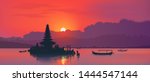 Red sunset with silhouette of famous balinese Ulun Danu water temple and fisherman boats on lake Bratan, Bali, Indonesia. Realistic vector illustration background