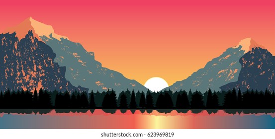 Red sunset sky over mountain landscape, pine forest and lake
vector nature illustration