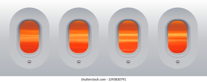 Red sunset sky view from aircraft windows without curtains, new technology portholes vector illustration