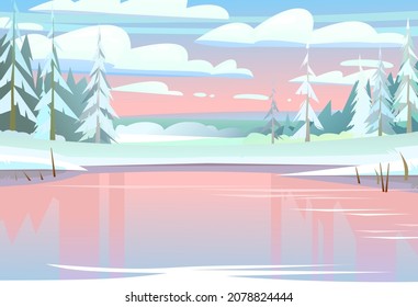 Red sunset or sunrise. Winter rural landscape with cold white snow and drifts. Beautiful frosty view of countryside hilly plain. Flat design cartoon style. Vector