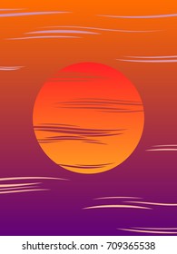 Red sunset vector illustration with sun and clouds, trendy violet and orange colors gradient dawn sky. Red evening sun vector minimalist graphic design.
