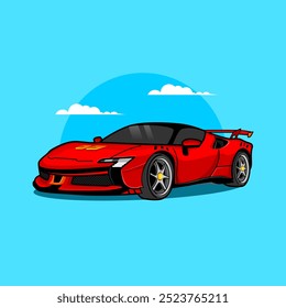 Red Super Car Design Illustration with Blue Sky and Cloud