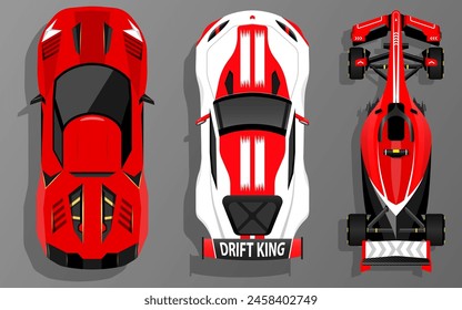 Red Super coche Drift coche de carreras Set top view ilustración Vector