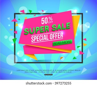 Red Super Sale Paper Banner over abstract background with bokeh.  Special Offer. 50% Off. Vector eps 10 format.