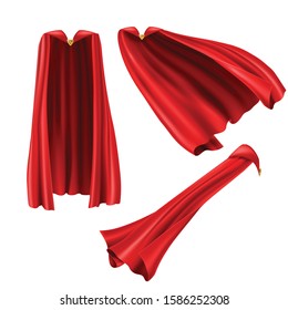 Red superhero cape, cloak with golden pin front and side view. Fluttering on wind rippled silk clothes for king, ullusionist or vampire costume. Set of realistic mantle isolated on white background