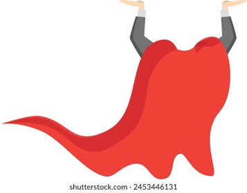 Red superhero cape label. super hero cape with hand, power man cloak. Cartoon vector mockup for kids product advertising. Super cloak hero for discount banner