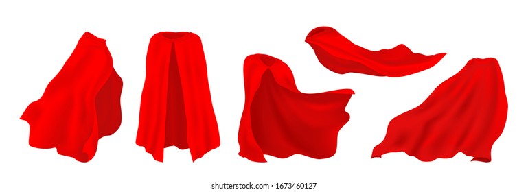 Red superhero cape. Realistic 3D hero cloak of drape, illusionist silk cloth, vampire decorative costume. Vector illustration carnival clothes set, isolated heroes mantle