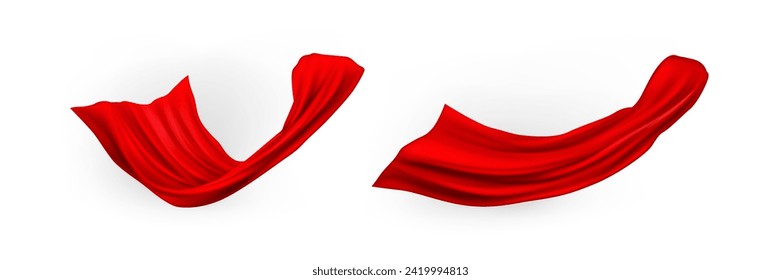 Red superhero cape set isolated on white background. Vector realistic illustration of silk cloth drapery flying in wind, halloween costume mantle, textile curtain for home interior design, satin scarf