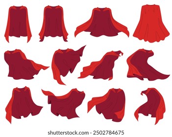 Red superhero cape. Silk cloak with red fabric in different positions. Vector illustration