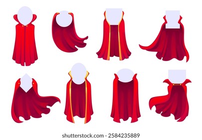 Red superhero capes, cartoon super hero cloak with empty banners or badges. Vector crimson defender drapery billow behind with geometric frame shapes, embodying power or mystery, courage and adventure