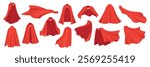Red Superhero Capes Icon Set. Cartoon Hero Capes, Flying Capes For Comics, Animations, Costume Designs. Dynamic Red Comic Capes In Different Shapes For Superhero, Fantasy Hero Concept