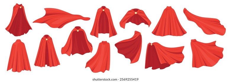 Red Superhero Capes Icon Set. Cartoon Hero Capes, Flying Capes For Comics, Animations, Costume Designs. Dynamic Red Comic Capes In Different Shapes For Superhero, Fantasy Hero Concept