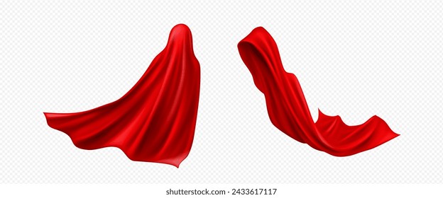 Rotes Superhelden-Kleid-Set isoliert auf weißem Hintergrund. Vektor realistische Illustration von Seidentuch Drapery Fliegen im Wind, Halloween Kostüm Mantel, Textilvorhang für Wohninnenarchitektur, Satin Cape