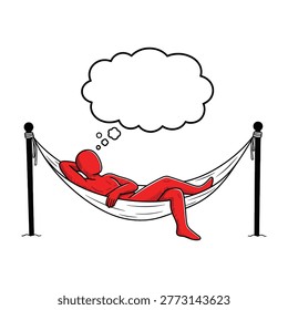 A red superhero lies in a hammock with a thought bubble, conveying relaxation and calmness. The superhero appears to be daydreaming, adding a touch of humor and lightheartedness to the scene. Ideal for illustrating leisure, superhero concept, or mental wellness.