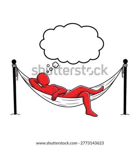A red superhero lies in a hammock with a thought bubble, conveying relaxation and calmness. The superhero appears to be daydreaming, adding a touch of humor and lightheartedness to the scene. Ideal for illustrating leisure, superhero concept, or mental wellness.