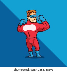 Red Superhero Making Two Thumb Up On The Back. Vector Illustration.