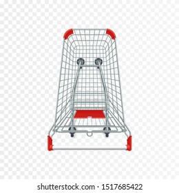 Red supermarket shopping cart. 3d top view vector illustration. Photo realistic empty basket for food products. Customers market trolley mockup. Single object isolated on white. Mall equipment