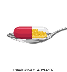 Red supplement capsule on spoon, vibrant vector illustration featuring translucent yellow beads inside a halved red gelcap resting on a shiny silver spoon. 