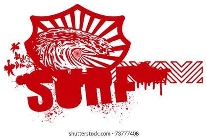 red surf banner with wave and hibiscus