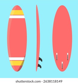 Red surfboard shown from three angles,
front, side, and back with smooth curves,
flat art design style.