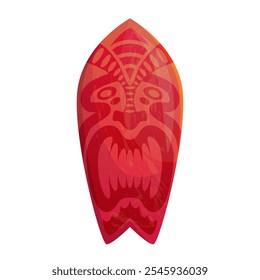 Red surfboard with a tiki mask design, showcasing polynesian culture and surfing tradition. Perfect for summer vibes and water sports enthusiasts