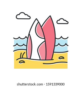 Red surfboards on the beach color icon. Surf sea waves. Vacation trip to Indonesia. Ocean surfing activity. Tropical island sea coast. Water sport equipment. Isolated vector illustration