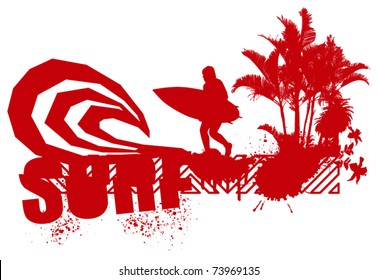 red surfer with big wave and palms