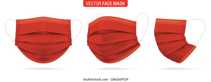 Red surgical face mask, vector illustration. Medical protective masks, from different angles isolated on white. Coronavirus protection mask with earloop, in a front, three-quarters, and side views.