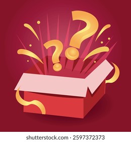 red surprise box with golden items and confetti. vector illustration.