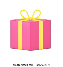 Red surprise gift 3d icon. Volumetric box with yellow ribbons and bow on lid. Pleasant package for happy birthday. Shopping bonus for regular customers. Realistic isolated vector