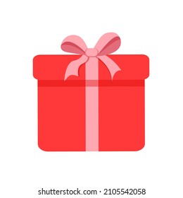 Red surprise gift box with bow. Present vector illustration for icon, sign, postcard, poster, banner, gift certificate. Element for valentine's day, christmas, birthday.